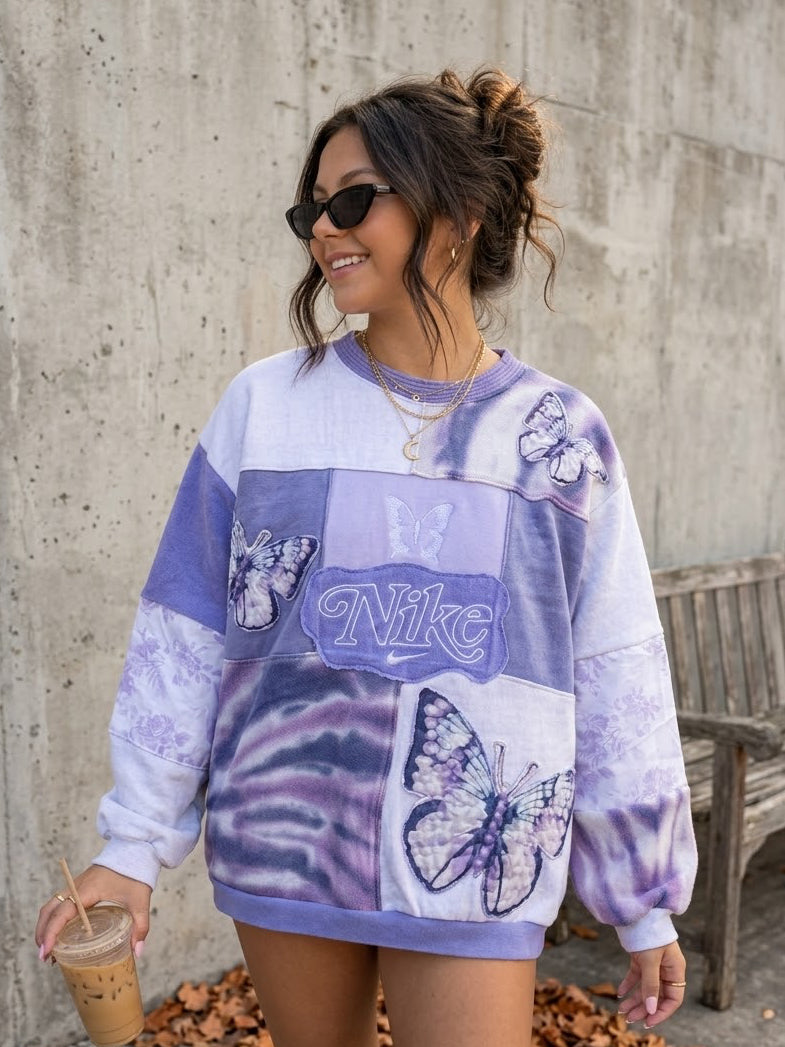 Lavender Monarchs patchwork crewneck (M)